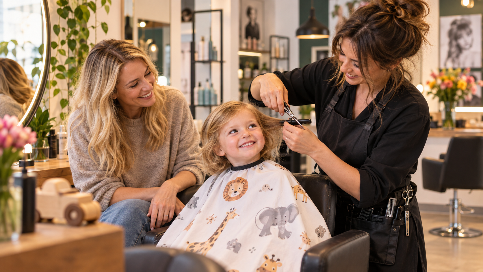 Kind beim ersten Haarschnitt im Friseursalon