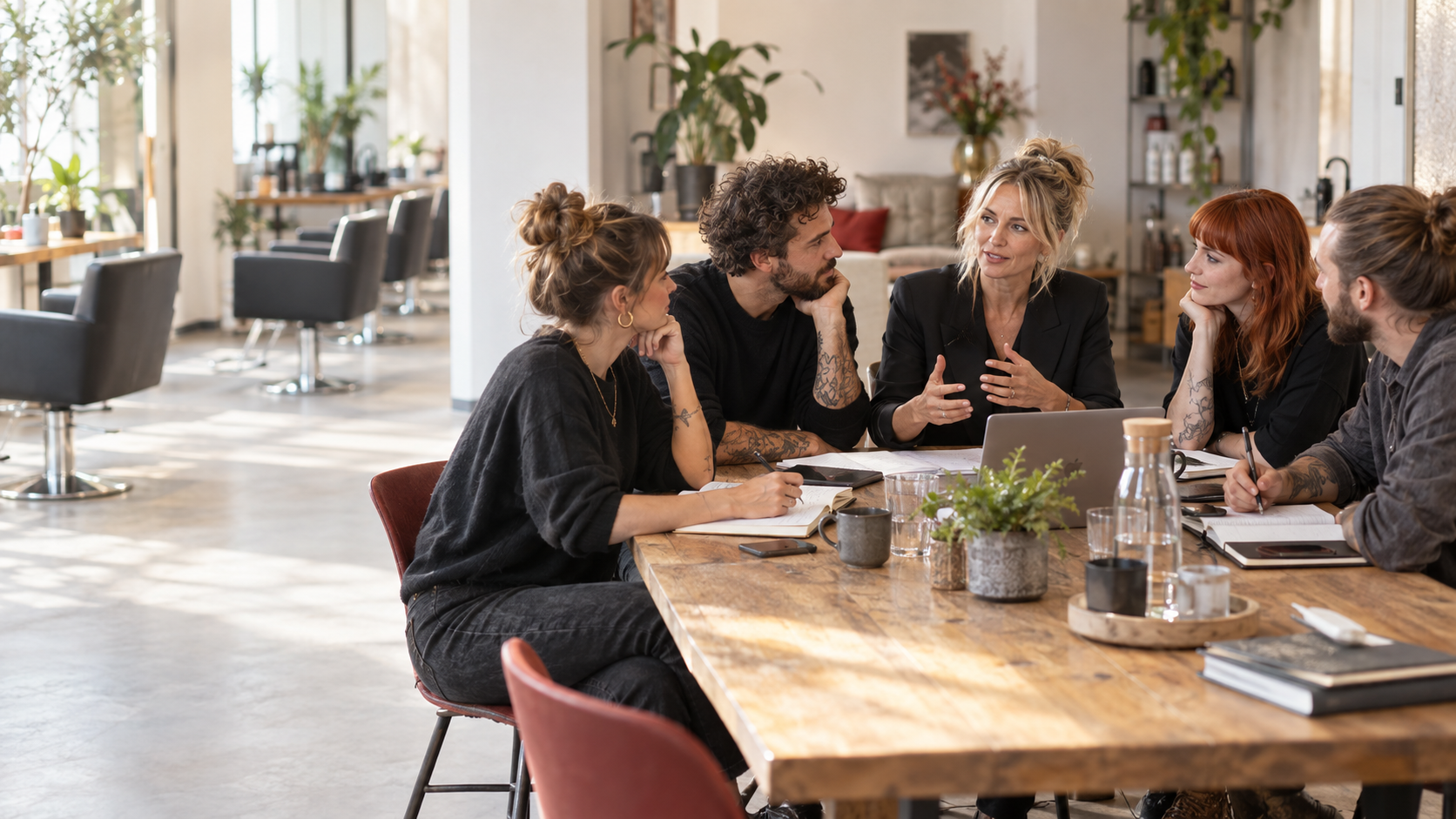 Team eines Friseursalons im gemeinsamen Entwicklungsgespräch