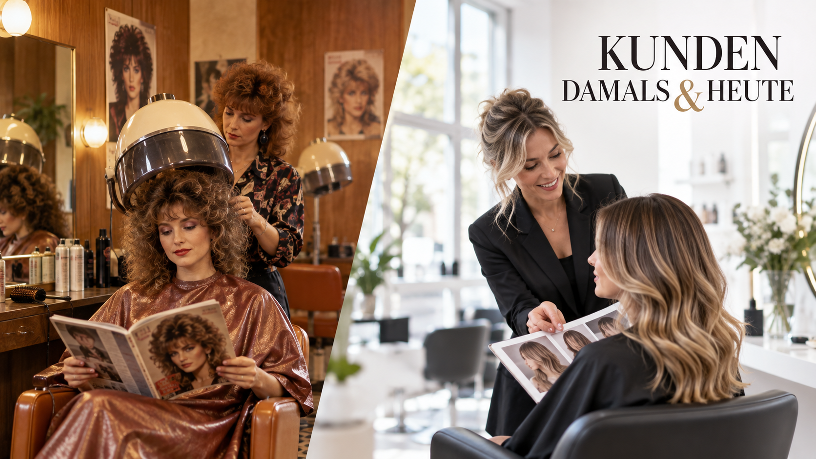Kunden damals und heute im Friseursalon