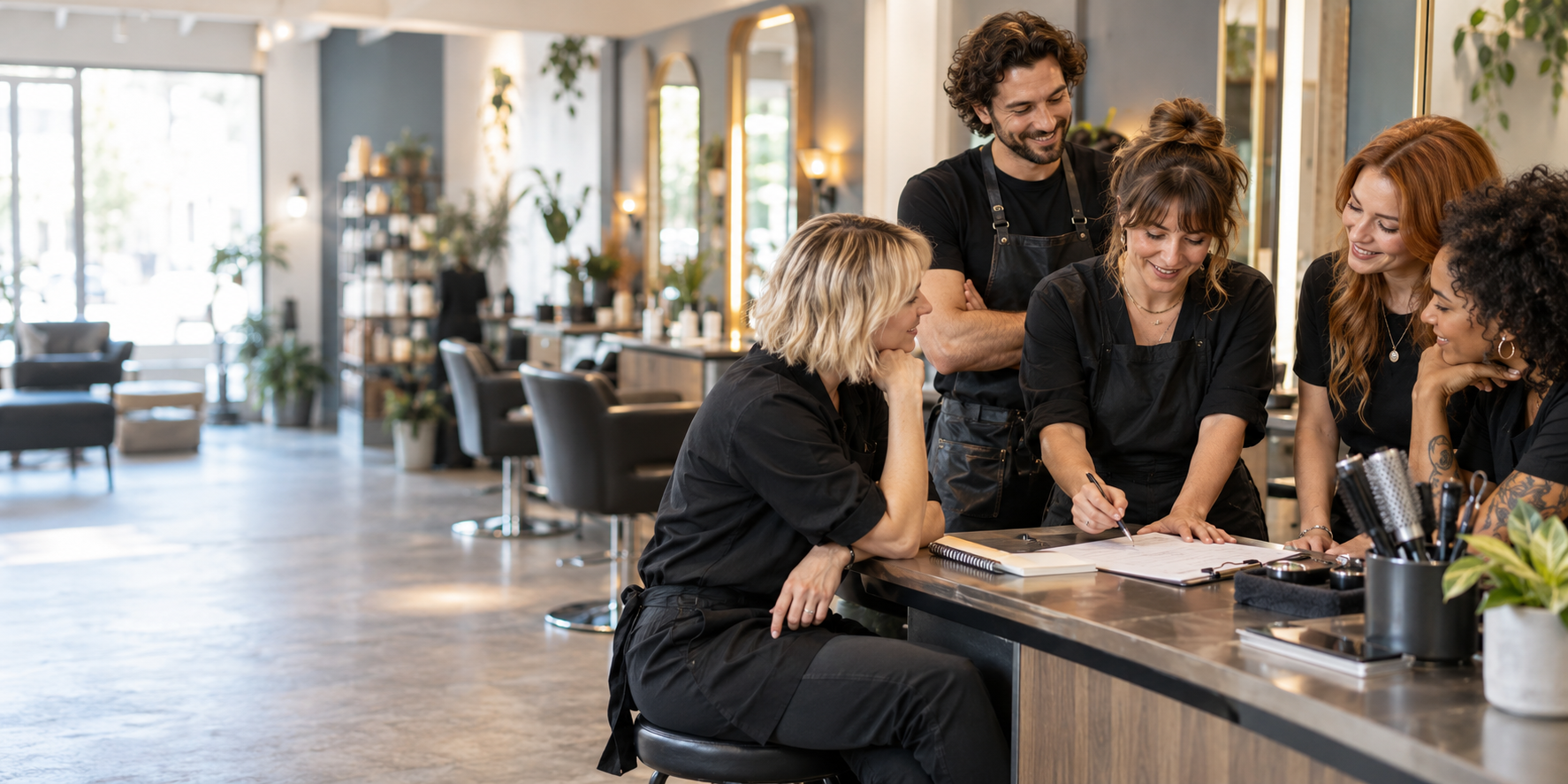 Friseurteam bespricht gemeinsame Salonstandards und Abläufe im Salon